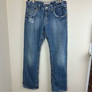 Mek Denim Embroidered Distressed Blue Designer Denim jeans size 33